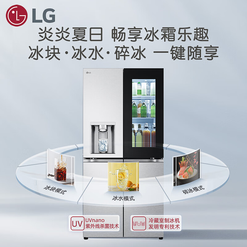 LG Knock Knock 508L cross-shaped four-door ice-making refrigerator flat-screen embedded panoramic perspective window door-in-door fully automatic ice-making refrigerator air-cooled frost-free F544MMB95D silver