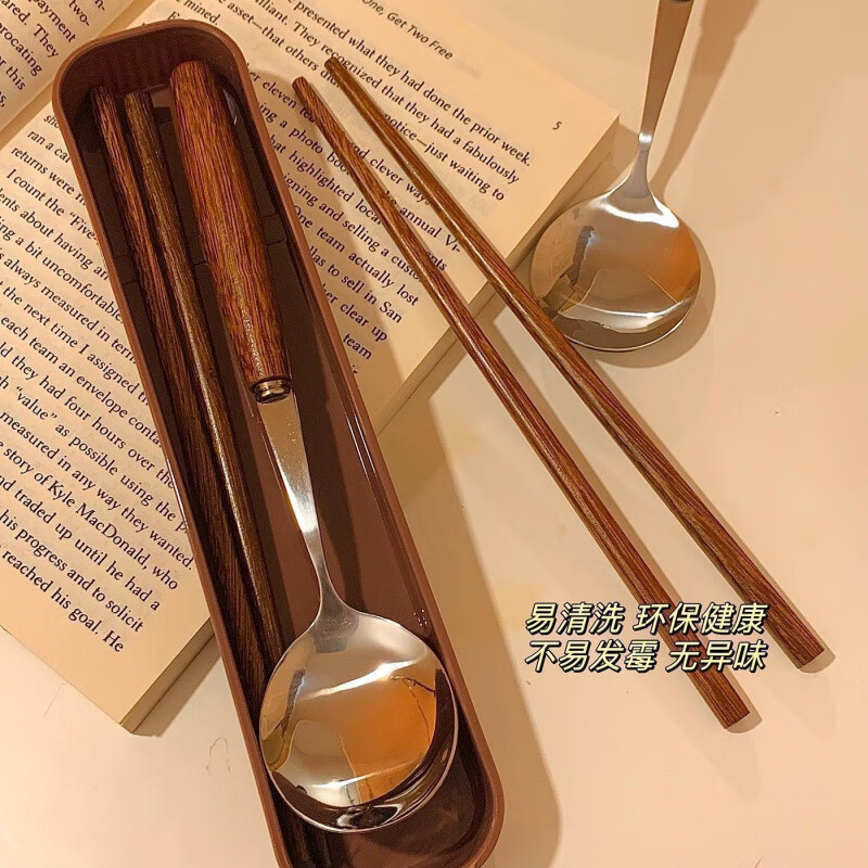Vinoa sugar-colored chicken wing wood cylindrical wooden handle chopsticks spoon students and office workers bring their own three-piece portable tableware set when going out #ins caramel color-round wooden handle #round spoon + wooden chopsticks come with a storage box