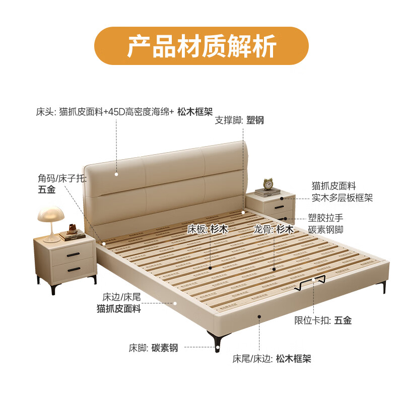 Langxiang solid wood double bed 1.8 meters 2 meters row frame edge frame leather bed master bedroom cream style wedding bed furniture bed + 20cm independent spring mattress 1.8*2 meters