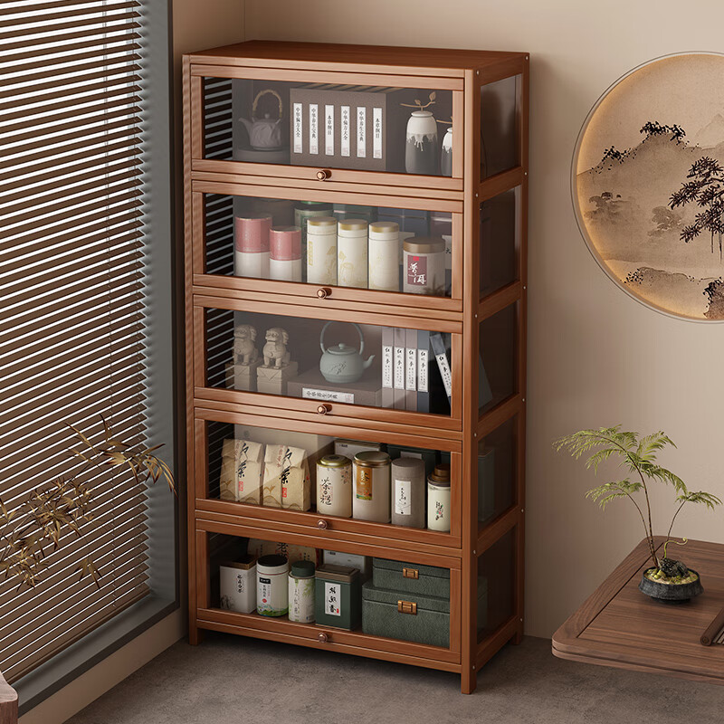 Tuojue new Chinese style Bogu rack non-solid wood tea room tea cabinet storage rack dust-proof tea set tea storage rack ornaments display cabinet classic tea five layers 80 models (with door dustproof) no specifications