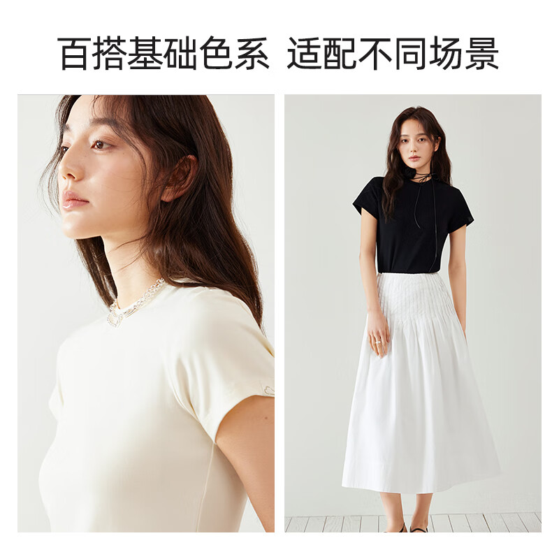 Xingmian right shoulder short-sleeved T-shirt for women 2025 winter new style round neck comfortable slim slim outer wear chic Korean top classic white M