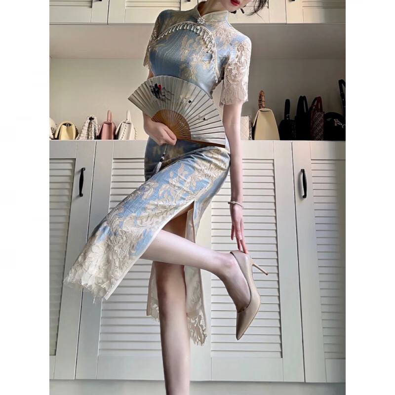 Sheng Miaoci blue cheongsam improved new Chinese style hollow lace young style high-end temperament dress 2025 new slit S recommended 85-95 catties One size fits all 9048