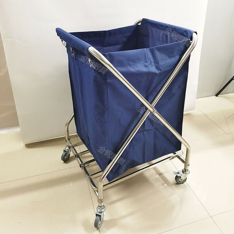 Linen Cart Stainless Steel Folding Room Service Trolley Clothes Storage Cart Linen Frame Hotel Thickened Conical Blue Cloth Bag