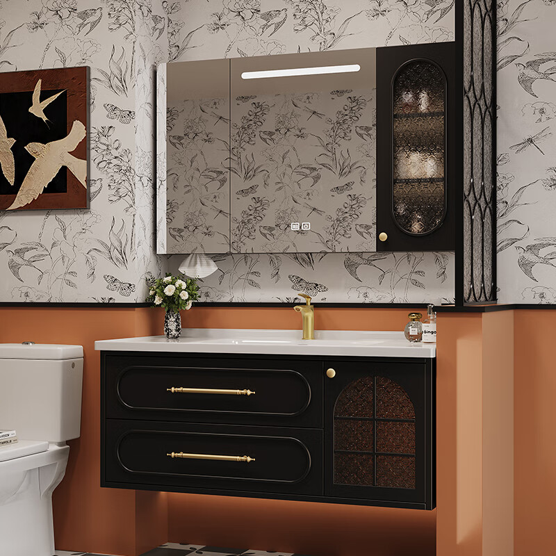 Sibai French Retro Bathroom Cabinet 2025 New Middle Ages Bathroom Ceramic Integrated Washbasin Washbasin Oak Customized Smart Mirror Cabinet 0.9 Meter