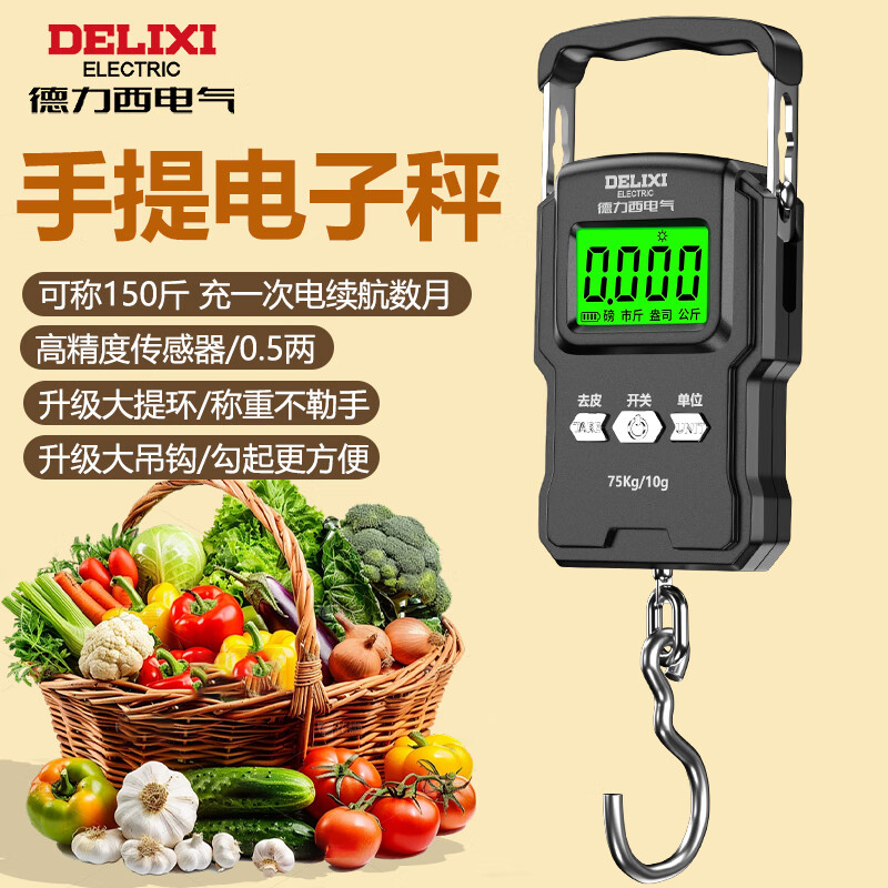 Delixi Electric Portable Scale Electronic Scale Portable Scale Spring Scale Gram Scale Weighing Vegetables Express Crane Scale High-Precision Luggage Scale Rechargeable 50KG - With Charging Cable