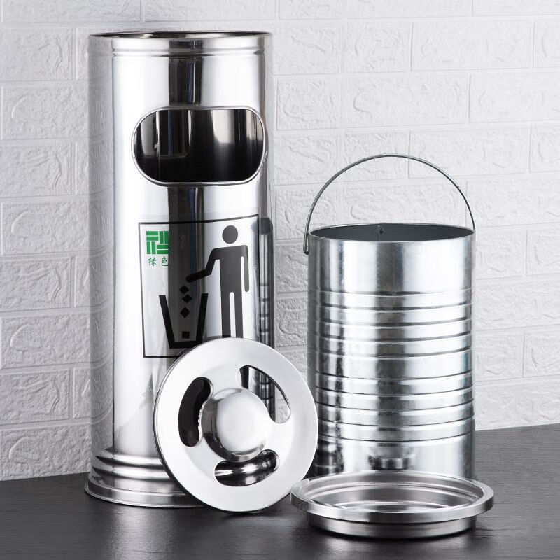 Cigarette butt trash can stainless steel round smoke extinguisher with lid commercial shopping mall living room outdoor outdoor vertical ashtray large capacity round steel 25x60 with liner (plastic liner)