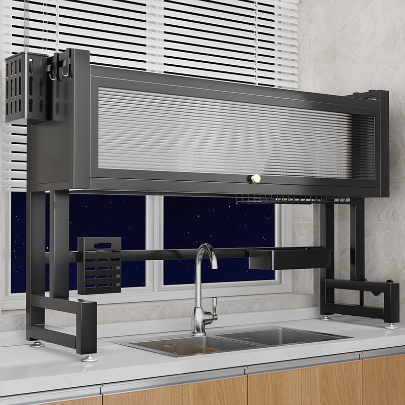 Kunfeng kitchen sink rack drain rack countertop dish storage rack knife rack dishwashing sink pool dustproof cupboard storage black main rack regular 65CM