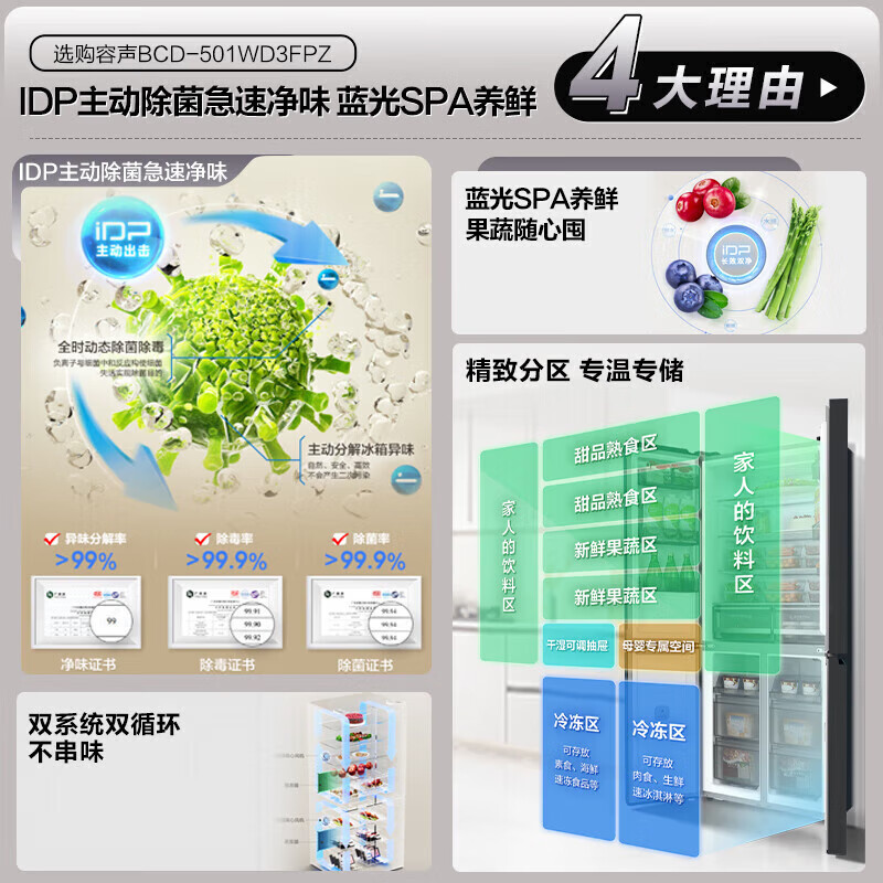 Rongsheng 501Pro upgraded model 501 liter cross-door IDP active sterilization dual system dual cycle refrigerator blue light freshness BCD-501WD3FPZ star and moon gray BCD-501WD3FPZ star and moon gray