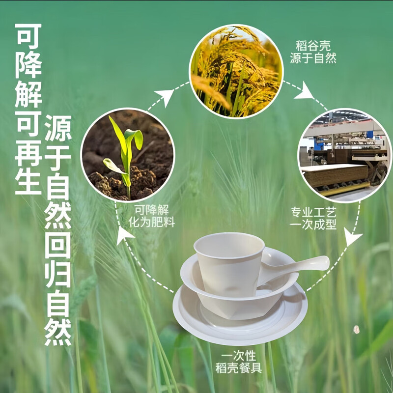 Rice husk disposable tableware four-piece set individually packaged, environmentally friendly, high temperature resistant, food grade, healthy for home camping White rice husk tableware - individually packaged - free chopsticks 25 sets, individually packaged in exquisite paper bags