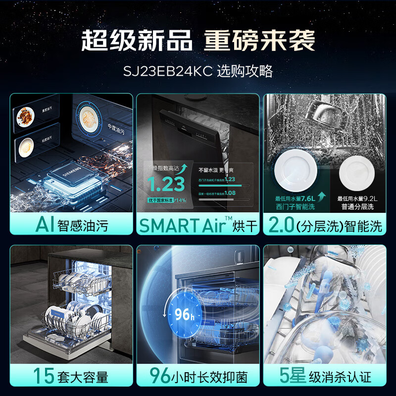 SIEMENS Smart Clean Rubik's Cube Standalone Dishwasher 15+2 Sets Large Capacity Single Embedded Dual-Purpose Intelligent Open Door Drying 96h Antibacterial Storage Five-Star Disinfection SJ23EB24KC