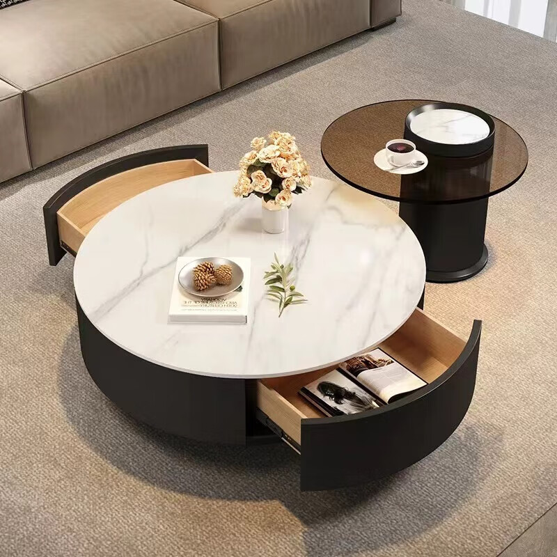 Qingziyou high-end slate coffee table living room light luxury coffee table size apartment household table gray glass round modern simple coffee table black cabinet black slate single coffee table single drawer 70CM