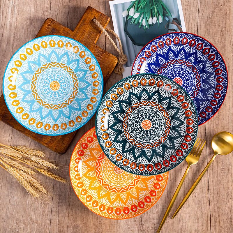 Exported to Europe and the United States, 23cm large flat plate, Bohemian style, 9-inch large, high-looking, household plate, random styles, random colors, random styles, 9-inch flat plate, 2 packs
