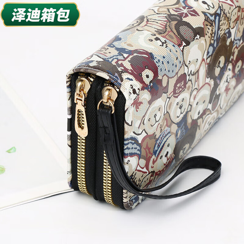 Yunluo Chinese Valentine's Day Cartoon Double Zipper Wallet Bear Print Large Wallet Women's Long Wallet Small Fresh Clutch Black Green 20X4.5X10.5