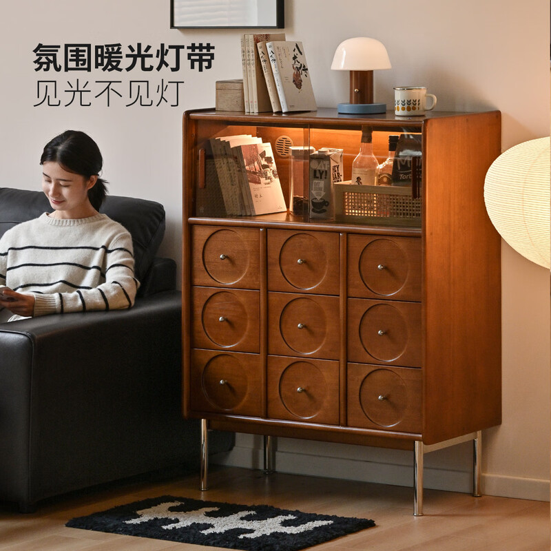 Genji Muyu solid wood sideboard teak color restaurant retro tea cabinet mid-century style storage cabinet poplar cabinet 0.82 sideboard