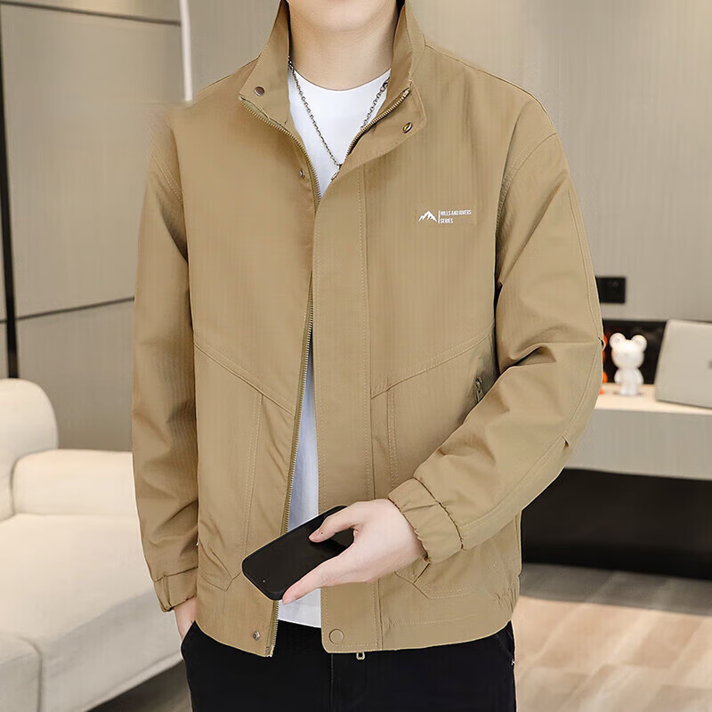 SUSTYLE high-end luxury men's high-end jacket men's 2025 spring and autumn new fashion simple trendy middle-aged jacket men's khaki plus velvet 3XL recommended 165-180 pounds