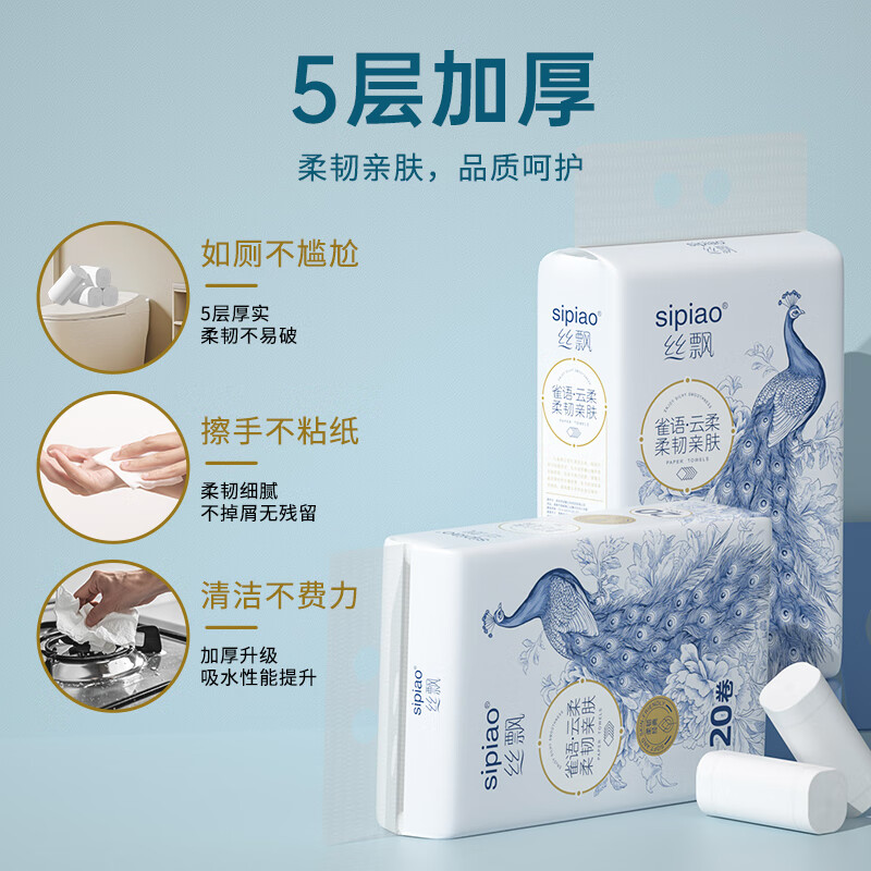 Silk roll paper thickened 5 layers 2300g 20 rolls coreless toilet paper portable large roll flexible toilet paper soft roll