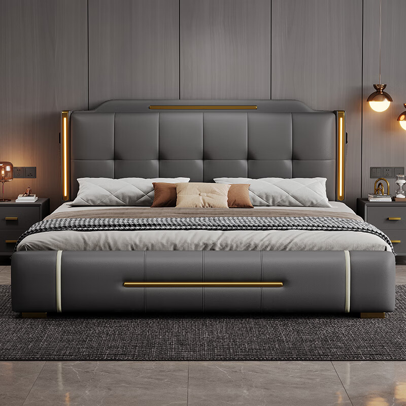 Postscript National Subsidized Bed Double Bed 2m 2.2m Leather Bed Modern Light Luxury Master Bedroom King Bed Storage Marriage Bed Leather Art Bed 1800mm*2000mm Frame Bed Leather Sheet Bed