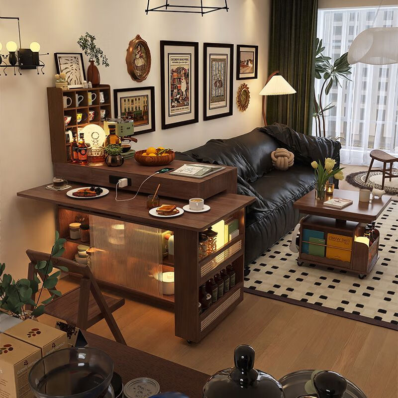 Xingying Furniture island table and dining table can be rotated for small apartments, telescopic bar, antique style sideboard, sofa side cabinet, all solid wood 1 meter island table + 1 point 2 meter dining table