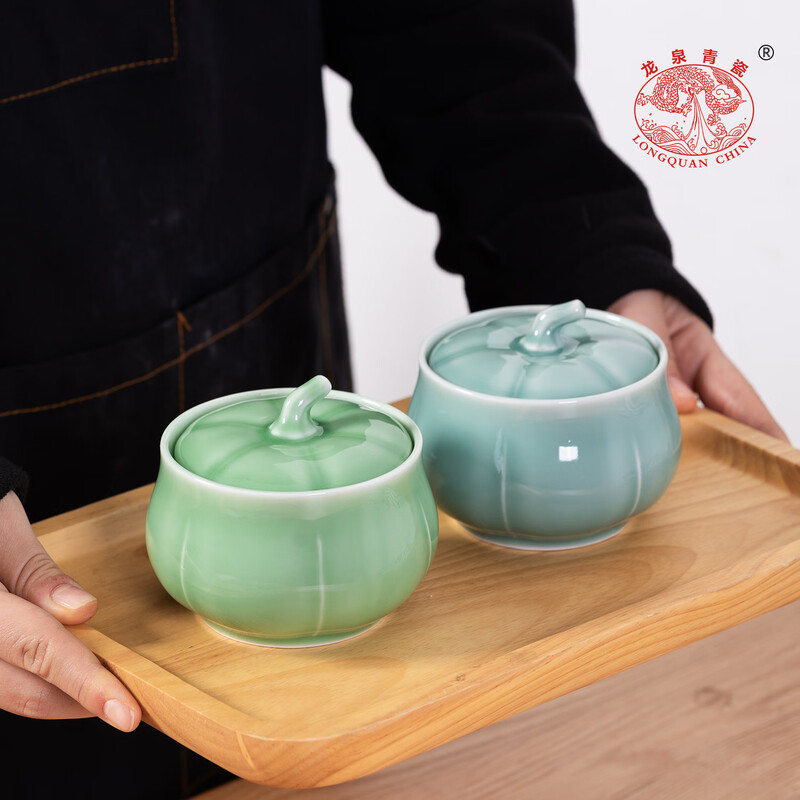 Longquan celadon stew pot ceramic water-proof stew household steamed vegetable egg custard with lid ceramic soup cup bird's nest stew pot with steamed egg bowl for soup Tianqing