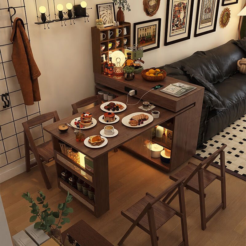 Xingying Furniture island table and dining table can be rotated for small apartments, telescopic bar, antique style sideboard, sofa side cabinet, all solid wood 1 meter island table + 1 point 2 meter dining table