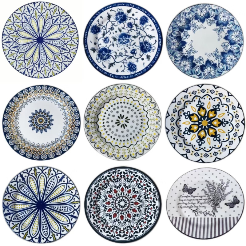 Exported to Europe and the United States, 23cm large flat plate, Bohemian style, 9-inch large, high-looking, household plate, random styles, random colors, random styles, 9-inch flat plate, 2 packs