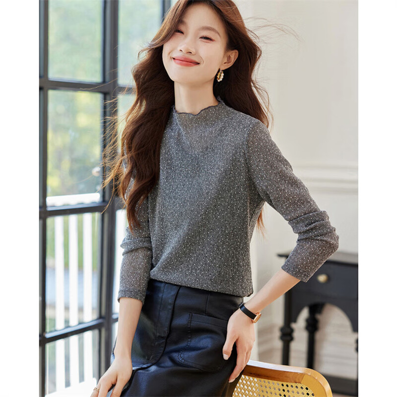 Shangjing Autumn Fashion Versatile Slightly Transparent Long-Sleeved Women's Bottoming Top Lace Half Turtle Collar Top Starry Sky Gray L