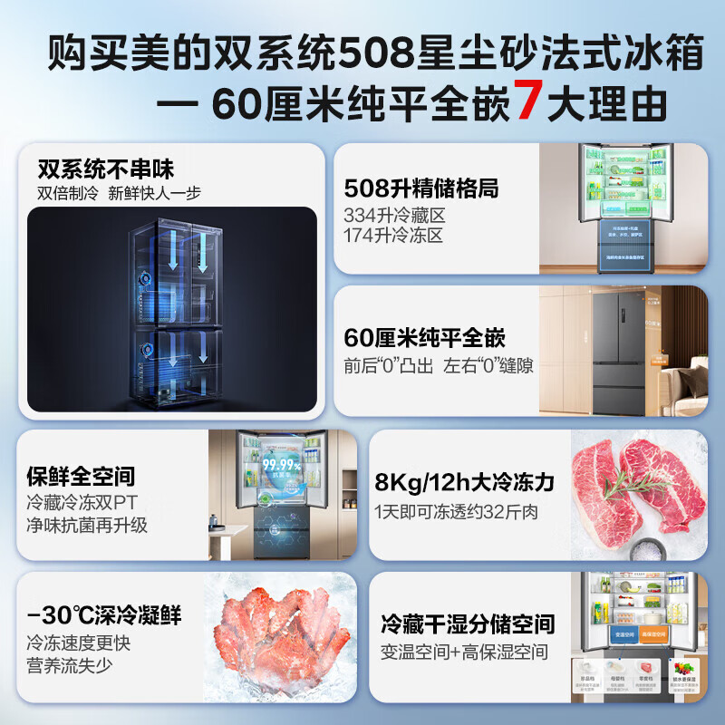 Midea refrigerator 508 French double system 60cm ultra-thin cross-door four-door multi-door household large capacity first-class energy efficiency air-cooled frost-free bottom cooling and odor-free refrigerator dual system flush-mounted 508 French Stardust Sand