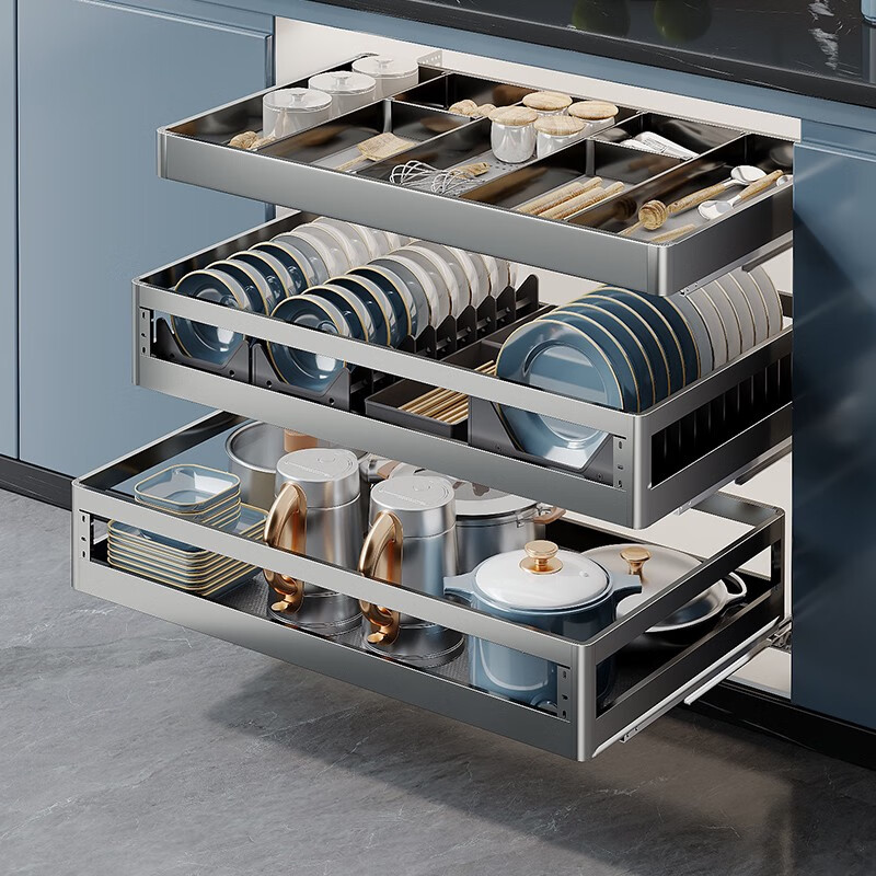 Pull basket kitchen cabinet aluminum alloy double layer drawer type dish rack to store seasoning cabinet bowl basket double layer 500 cabinet-dish basket-basket body aluminum alloy+