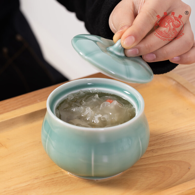 Longquan celadon stew pot ceramic water-proof stew household steamed vegetable egg custard with lid ceramic soup cup bird's nest stew pot with steamed egg bowl for soup Tianqing