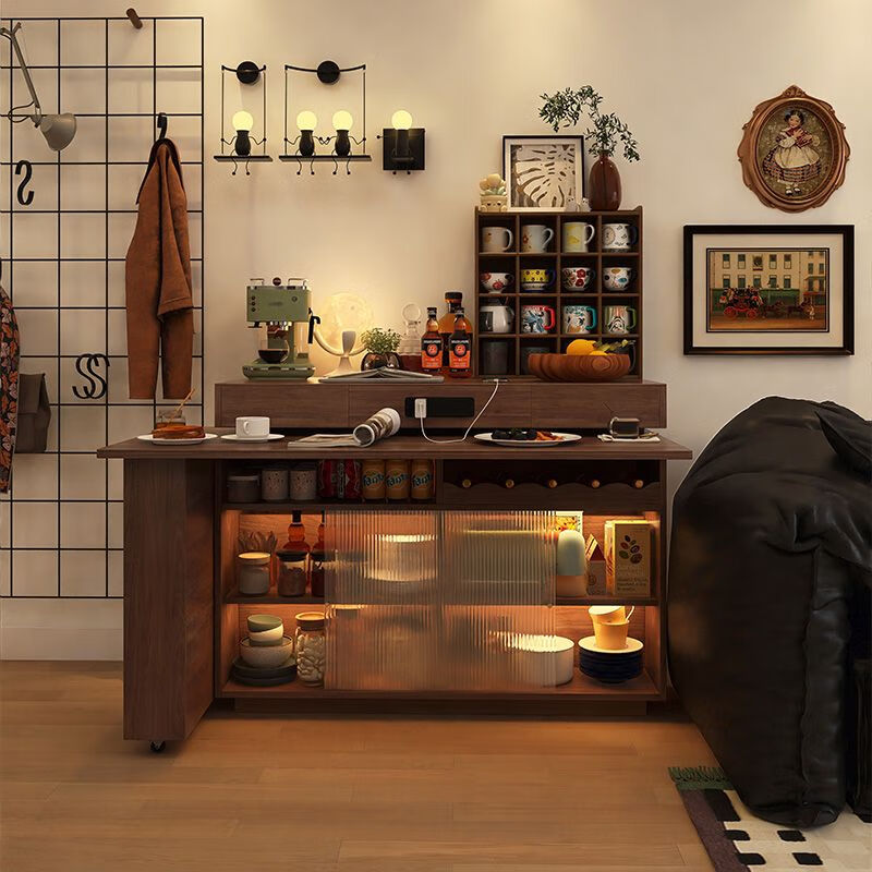 Xingying Furniture island table and dining table can be rotated for small apartments, telescopic bar, antique style sideboard, sofa side cabinet, all solid wood 1 meter island table + 1 point 2 meter dining table