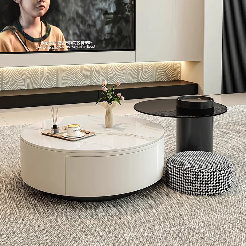 Qingziyou high-end slate coffee table living room light luxury coffee table size apartment household table gray glass round modern simple coffee table black cabinet black slate single coffee table single drawer 70CM