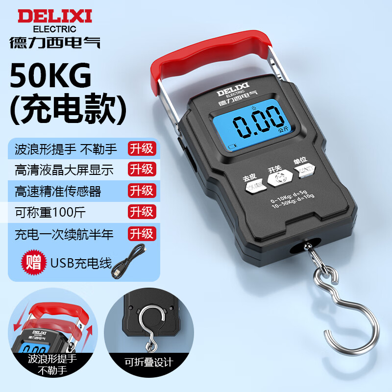 Delixi Electric Portable Scale Electronic Scale Portable Scale Spring Scale Gram Scale Weighing Vegetables Express Crane Scale High-Precision Luggage Scale Rechargeable 50KG - With Charging Cable
