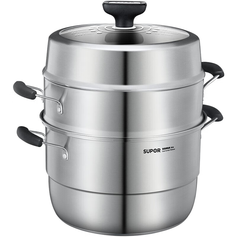 SUPOR steamer 304 stainless steel steamed bun pot thickened double bottom soup pot three-layer steamer household lightweight large-capacity pot upgraded and easy to take - 3 layers - 26cm