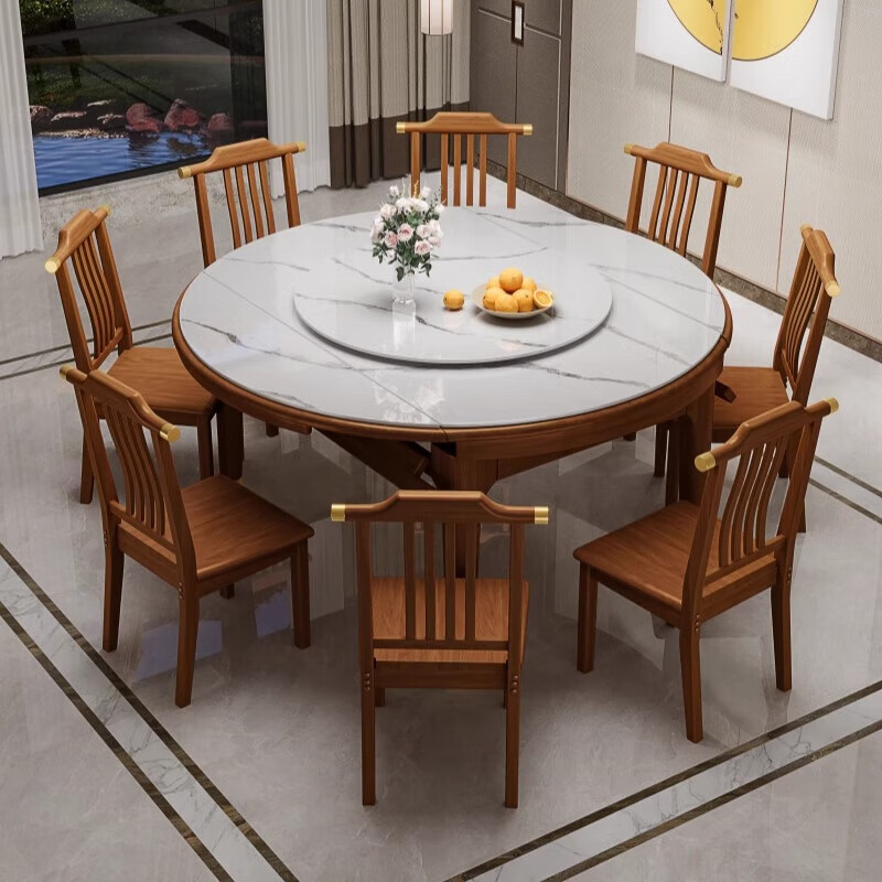 Zunmu Huaxin new Chinese style bright solid wood slate dining table and chair combination small apartment telescopic to round table household simple dining table one table six chairs - wooden chair rosewood color frame 1.35 meters upgraded four tracks