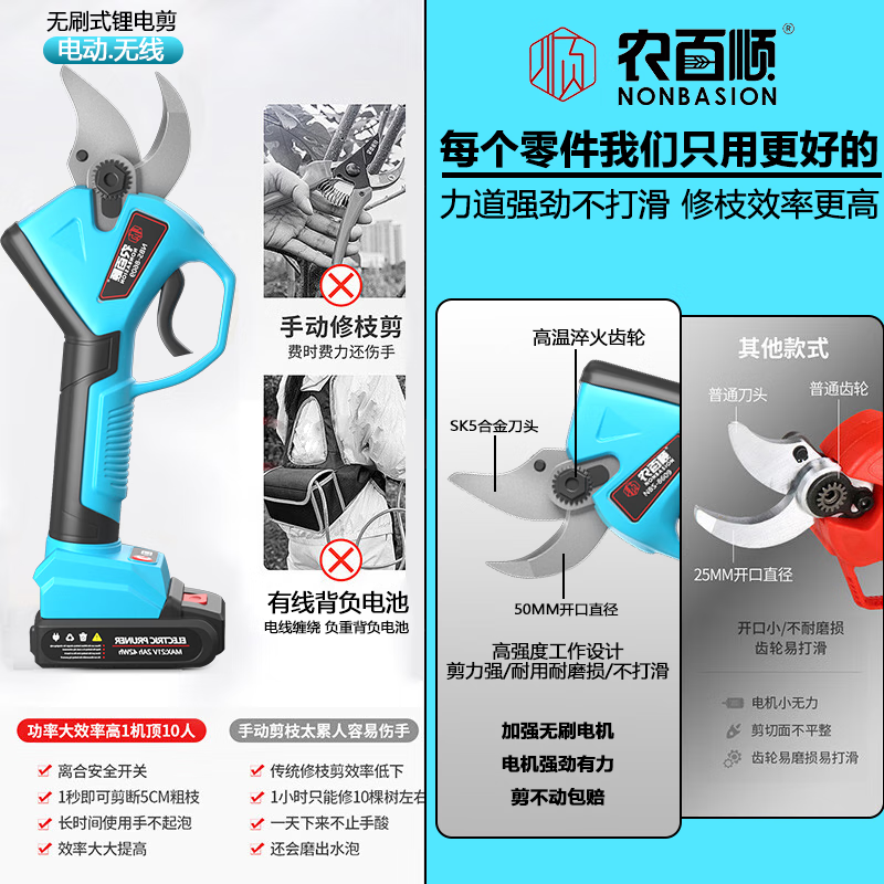 Dongcheng Nong Baishun electric pruning shears garden lithium battery rechargeable special scissors fruit tree thick tree shears high branch pruning machine C 2.8 cm household model two batteries one charge +