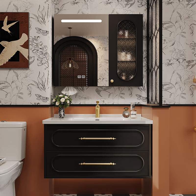 Sibai French Retro Bathroom Cabinet 2025 New Middle Ages Bathroom Ceramic Integrated Washbasin Washbasin Oak Customized Smart Mirror Cabinet 0.9 Meter