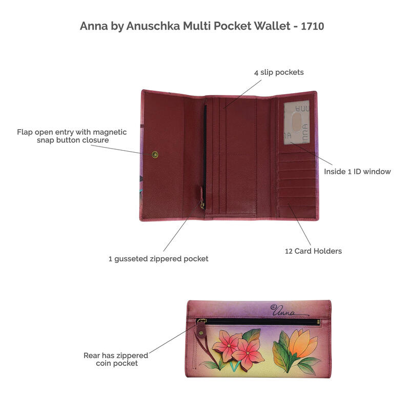 Anna by Anuschka Women's Hand Painted Genuine Leather Multi-Pocket Wallet, Butterfly Glass Painting Butterfly Glass Painting One Size