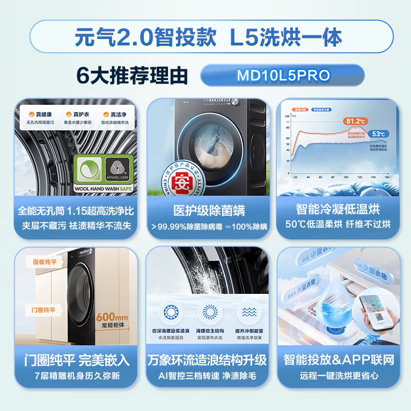 Midea Yuanqi 2.0 fully automatic front-loading washing machine with dryer and washing machine, 10KG flat screen, fully embedded, intelligent placement MD10L5PRO, trade-in for new, national subsidy