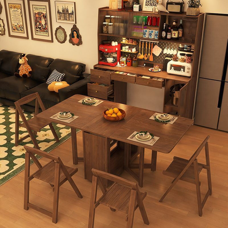 Wooden Whale Valley Solid Wood Sideboard Folding Dining Table Integrated Retractable Folding Mobile Small Household Table Multi-Function 1.6 Meter Walnut Color Dining Table Cabinet