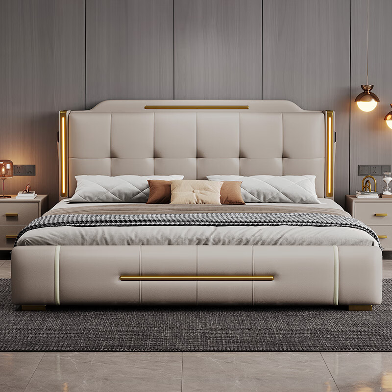 Postscript National Subsidized Bed Double Bed 2m 2.2m Leather Bed Modern Light Luxury Master Bedroom King Bed Storage Marriage Bed Leather Art Bed 1800mm*2000mm Frame Bed Leather Sheet Bed