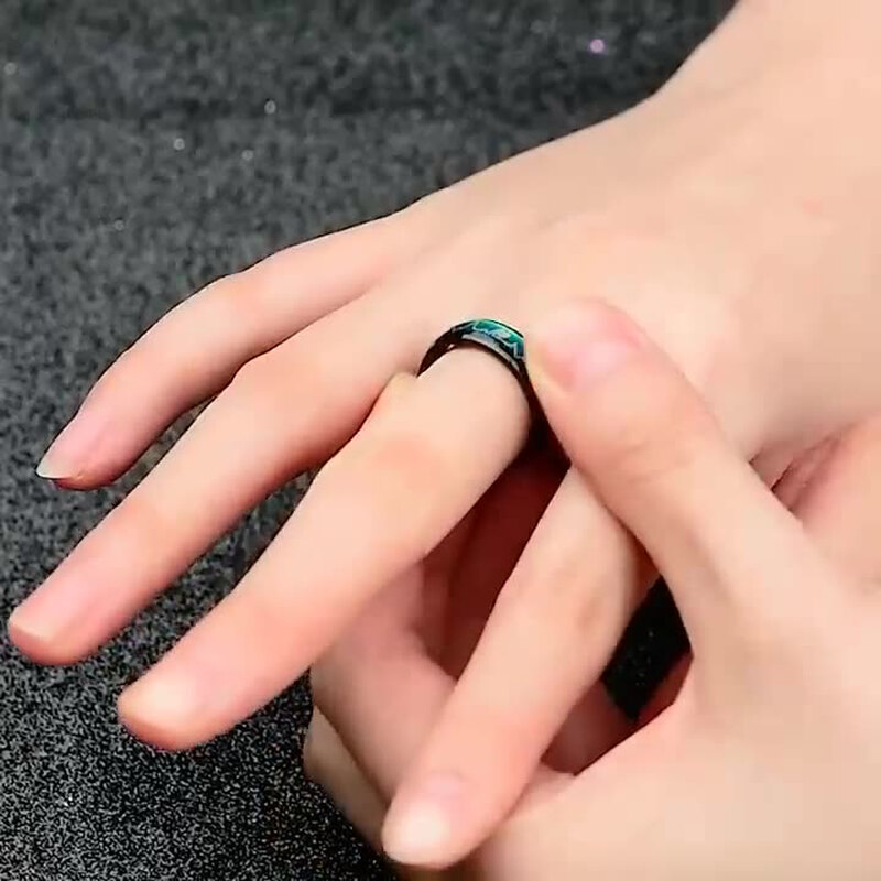 Titanium steel temperature-sensitive electrocardiogram ring ring female heartbeat couple stainless steel ring temperature-sensitive ring blue and white No. 7