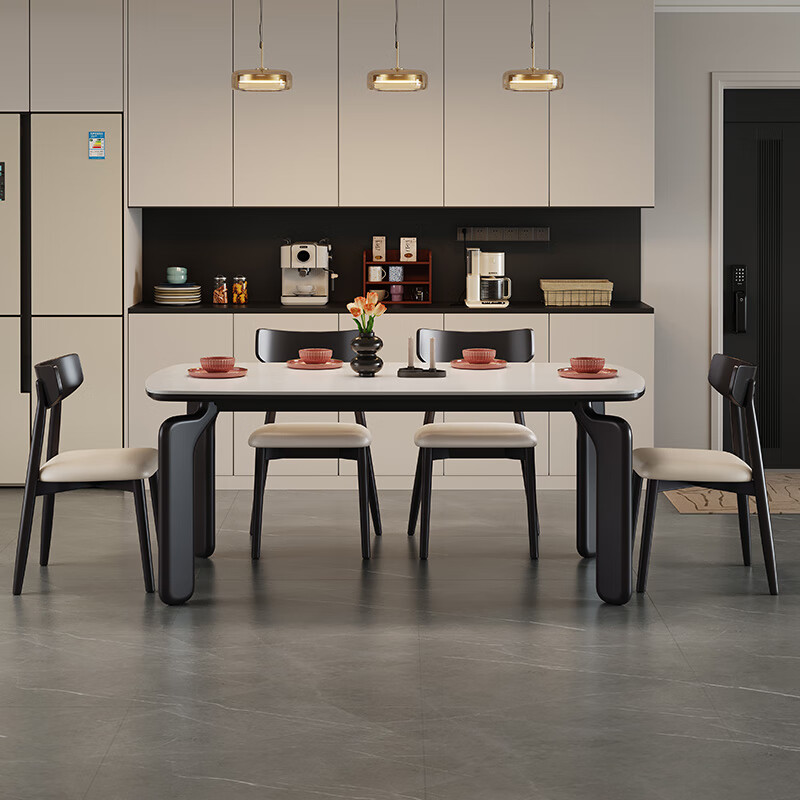 Chenchao solid wood slate dining table 2026 new elephant leg retro style western dining table for home small apartment dining table and chair combination style black-glossy snow mountain white slate-horn chair 1.38 meters one table and four chairs