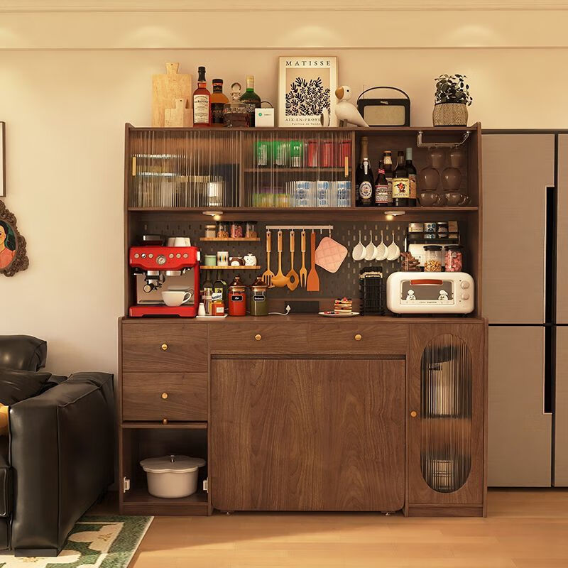 Wooden Whale Valley Solid Wood Sideboard Folding Dining Table Integrated Retractable Folding Mobile Small Household Table Multi-Function 1.6 Meter Walnut Color Dining Table Cabinet