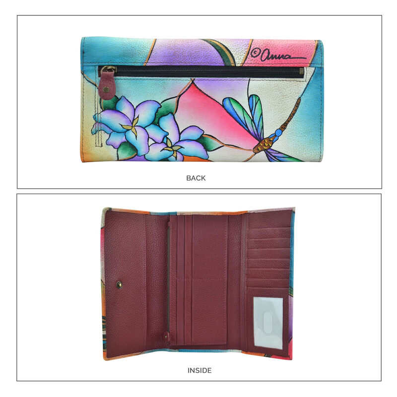 Anna by Anuschka Women's Hand-painted Genuine Leather Multi-Card Slot Wallet Dragonfly Flower Art 18 Card Slots Dragonfly Glass Painting One Size