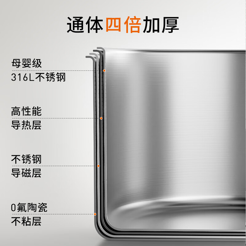 Joyoung steamer soup pot 316L stainless steel food grade thickened household cooking pot for cooking noodles, porridge and stew pot for induction cooker universal three-layer thickened pot body + steaming grid 22cm