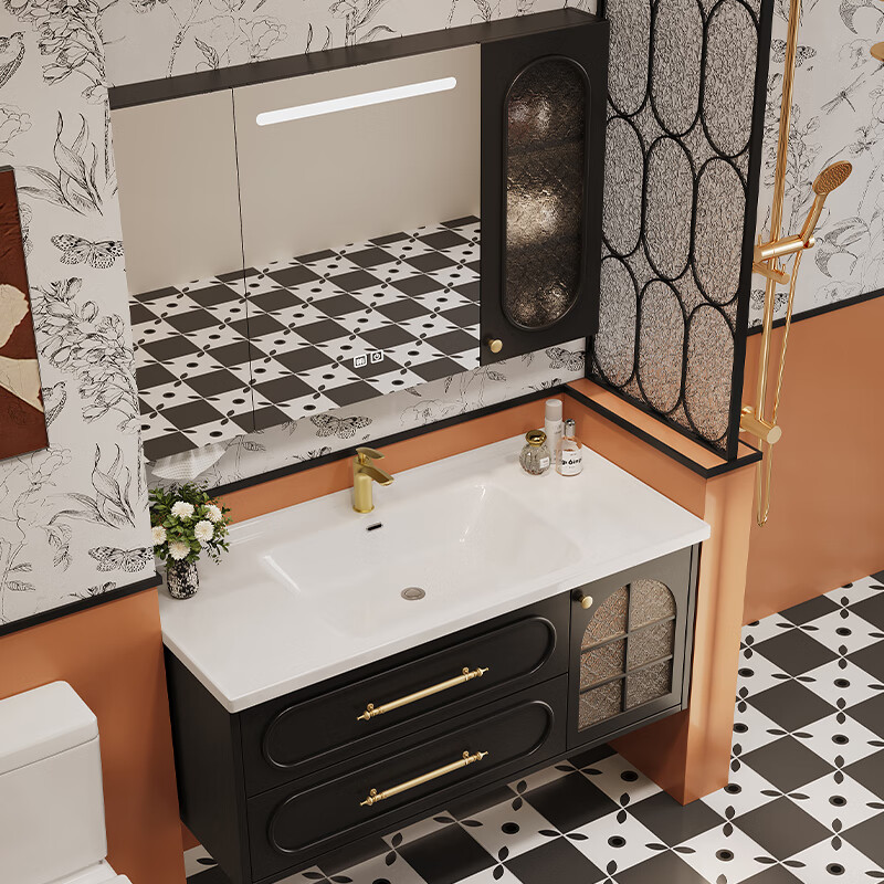 Sibai French Retro Bathroom Cabinet 2025 New Middle Ages Bathroom Ceramic Integrated Washbasin Washbasin Oak Customized Smart Mirror Cabinet 0.9 Meter