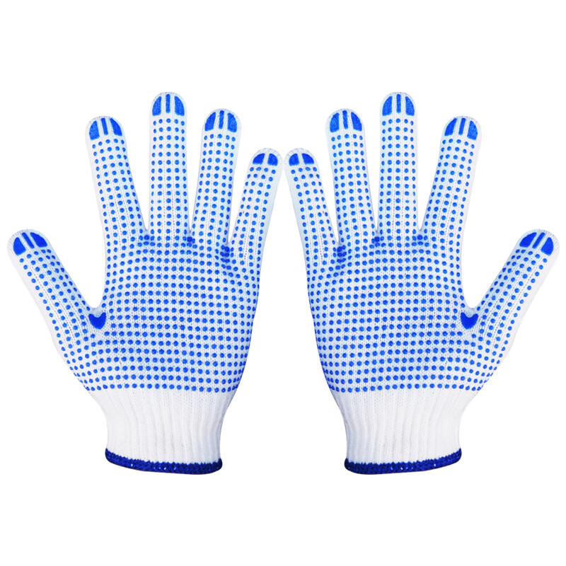 Ustin gloves for work protection 12 pairs/pack, glued anti-slip construction site wear-resistant white cotton yarn gloves dotted blue