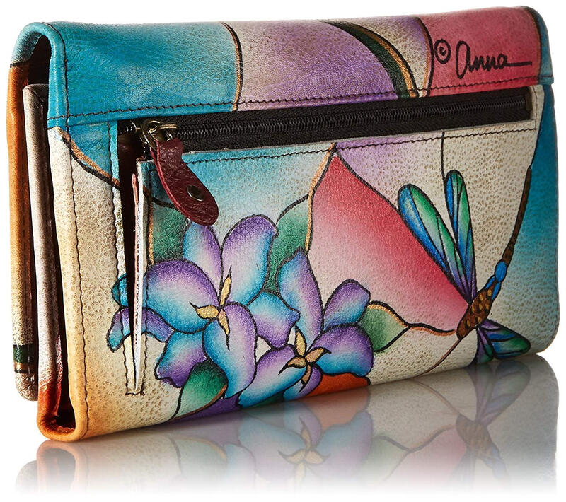 Anna by Anuschka Women's Hand-painted Genuine Leather Multi-Card Slot Wallet Dragonfly Flower Art 18 Card Slots Dragonfly Glass Painting One Size
