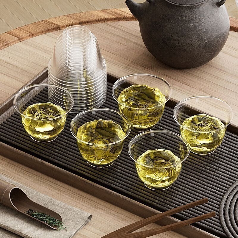 Disposable tea cup, thickened heat-resistant Kung Fu tea cup, high-end transparent crystal cup, office reception cup, tea cup, 100 pieces (60ml)