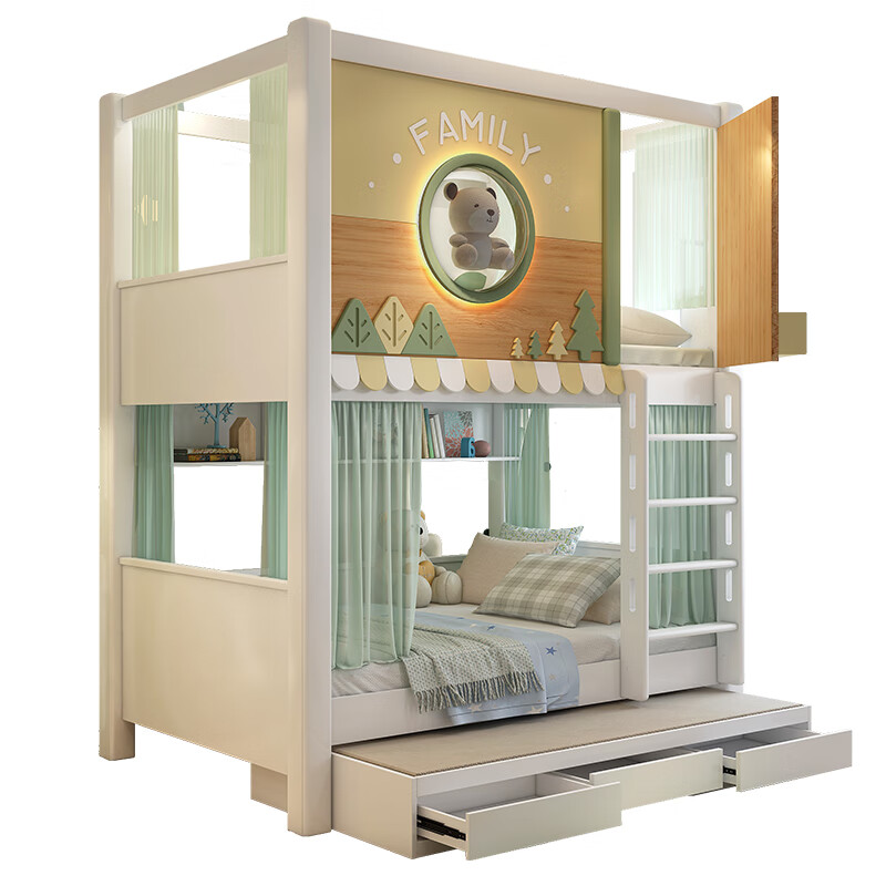 Lukashi children's solid wood double-layer bunk bed, high and low bunk bed for boys and girls, princess bed, same width and high guardrail bed, loft bed + high box + ladder cabinet + 2 mattresses 1.35*1.9 meters (same width as top and bottom)